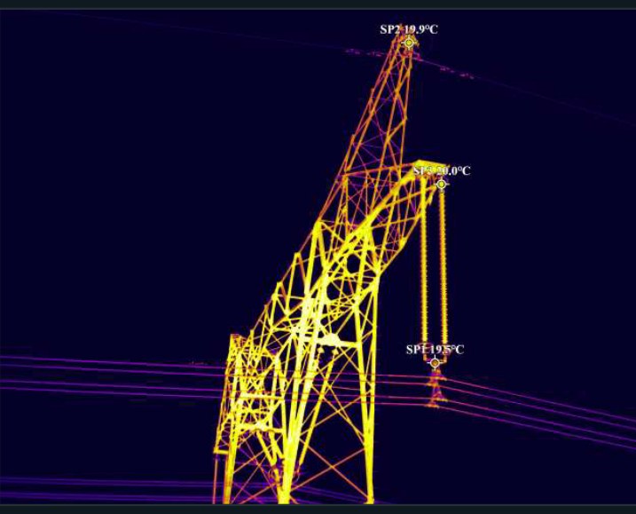 Radiometric thermal image of a transmission structure with spot temperatures